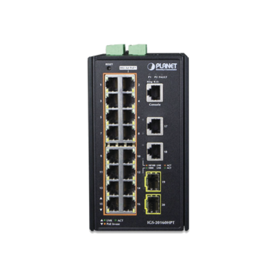 Switch Industrial Administrable 16 puertos 10/100/1000 T 802.3at PoE + 2 Puertos 10/100/1000 T + 2 puertos 100/1000 X SFP