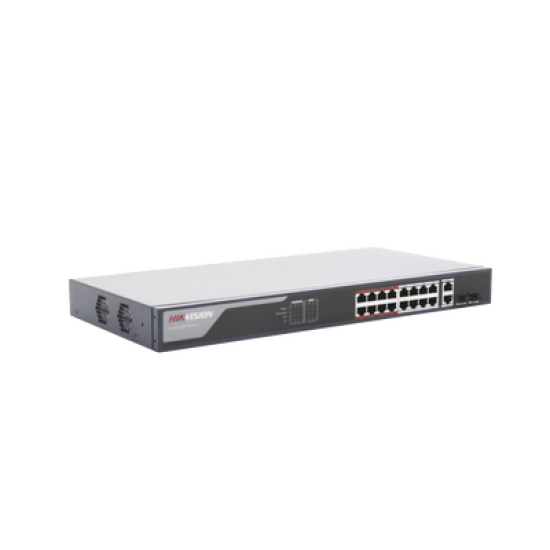 Switch PoE+ / Monitoreable / 16 puertos 10/100 Mbps PoE+ / 2 Puertos 1000 Mbps Uplink / 2 Puertos SFP de Uplink /  Configuración Nube Hik-Partner Pro / Modo Extendido hasta 300 metros / 230 W 