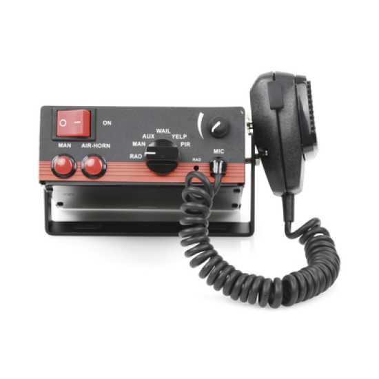 Sirena Vehicular de 100W de Potencia, Con Switch Giratorio de 6 posiciones, Micrófono de Uso Rudo e Interconexión a Radio
