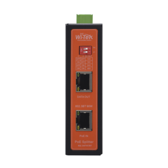 Splitter PoE IN hasta 90 W / Salida DC 12v/16V/24v o 48V / Carcasa metálica / Industrial soporte para riel DIN / Aplicaciones CCTV