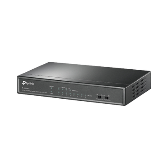 Switch PoE No Administrable de Escritorio / 8 puertos 10/100 Mbps / 4 puertos PoE af / Presupuesto 41 W / Modo extensor PoE hasta 250 metros / Calidad video prioritaria