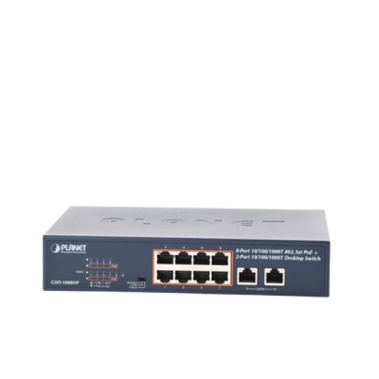 Switch PoE No Administrable, Modo Extendido Hasta 250 m, 10 Puertos 10/100/1000 Mbps, 8 Puertos PoE 802.3af/at, 2 Puertos Uplink, Hasta 120 W