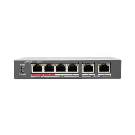 Switch PoE+ / No Administrable / 3 Puertos 10/100 Mbps 802.3 af/at (30 W) + 1 Puerto 10/100 Mbps Hi-PoE (60 W) / 2 Puertos 10/100 Mbps Uplink / Modo Extendido hasta 300 Metros / 60 W