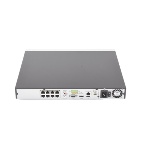 NVR 12 Megapixel (4K) / Reconocimiento Facial / 8 Canales IP / Base de Datos / Hasta 100,000 Fotografías / 8 Puertos PoE+ / 2 Bahías de Disco Duro / Switch PoE 300 mts / Bases de Datos / HDMI en 4K 