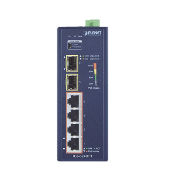 Switch PoE Industrial No Administrable de 4 Puertos PoE 10/100/1000T 802.3at, 2 Puertos SFP 10/1000X