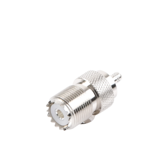 Conector UHF Hembra (SO-239) en Línea, de Anillo Plegable para Cable RG-58/U, RG-142/U, Níquel/ Plata/ Delrin.