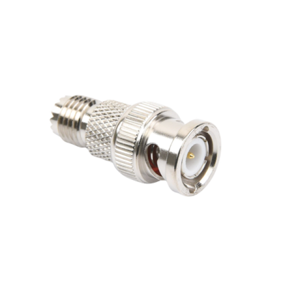 Adaptador en Línea de Conector Mini-UHF Hembra a BNC Macho, Níquel/ Oro/ Teflón.