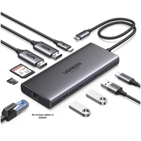 HUB USB-C (Docking Revodok Pro 210) 10 en 1 | 2 Puertos HDMI 8K,4K@60Hz | 3 USB-A | USB-C (5Gbps) | USB-C PD Carga 100W | RJ45 (Gigabit Ethernet) | Lector Tarjetas SD + Micro SD (TF) Simultáneo | Carcasa de Aluminio.