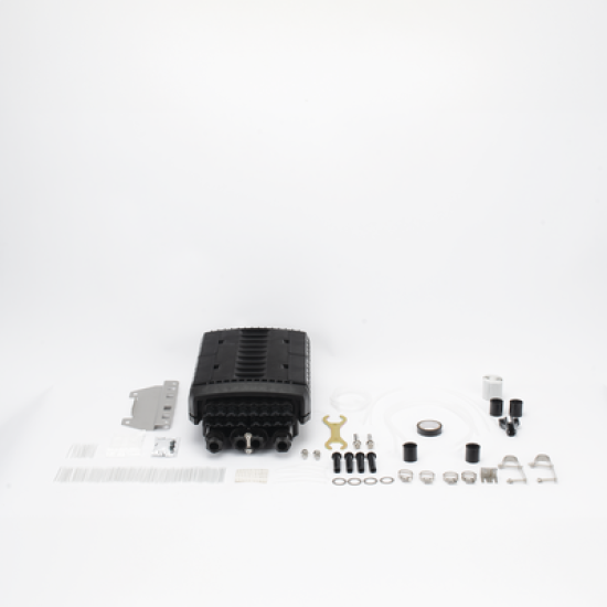 Caja de Distribución de Fibra Óptica para 24 Empalmes con 16 Acopladores SC/APC. Enterrado Directo, IP68, Splitter 1x8 Incluido con Conectores SC/APC