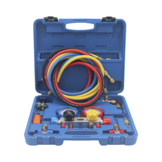 Juego de manómetros para aire acondicionado, herramienta de carga de refrigerante, doble válvula con adaptadores de acoplamiento rápido, manguera de 1.5 metros para refrigerantes : R410A, R32, R134A, R22 