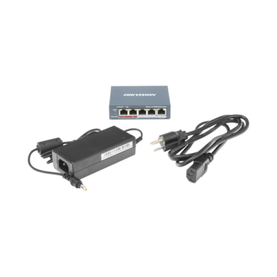 Switch Monitoreable PoE+ / 4 puertos 100 Mbps PoE+ / 1 Puerto 100 Mbps Uplink / PoE hasta 250 Metros / 60 Watts / Conexión Remota desde Hik-PartnerPro
