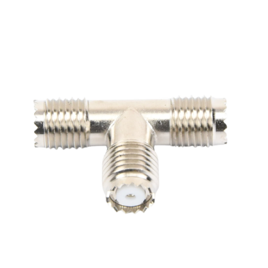 Adaptador en T, de Conector Mini-UHF Hembra a Doble Mini-UHF Hembra, Níquel/ Plata/ Teflón.