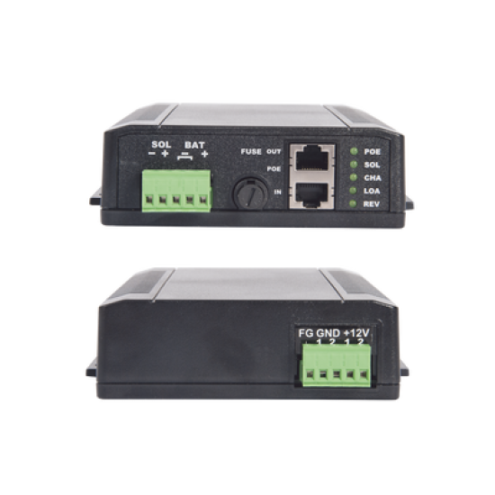 Controlador Solar POE, Entrada 12 Vcc Hasta un Panel Solar de 125 Watts, Salida PoE Pasivo en 24 Vcc Hasta 20 Watts Máximo.