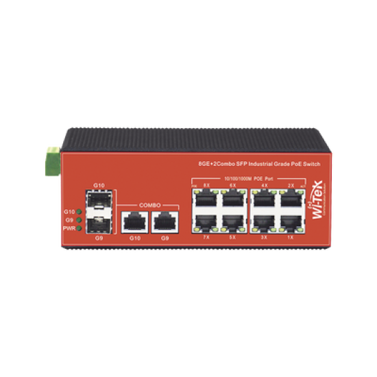 Switch Industrial PoE+ no administrable de 8 Puertos 10/100/1000Mbps + 2 SFP Combo, 150 W