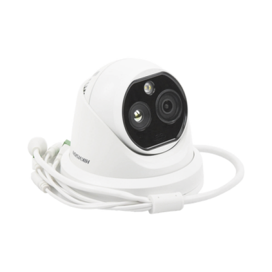 Turret IP Dual / Térmica 1.8 mm (160 x 120) / Óptico 2 mm (4 Megapixel) / Detección de Personas 53 mts / 15 mts IR / Exterior IP67 / PoE / Termométrica / Detección de Temperatura / Sirena y Luz / Micro SD 32 GB Incluida 