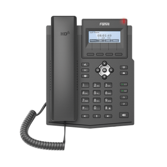 Teléfono IP empresarial para 2 lineas SIP con pantalla LCD,  Puertos Gigabit, Códec Opus, conferencia de 3 vías, PoE.