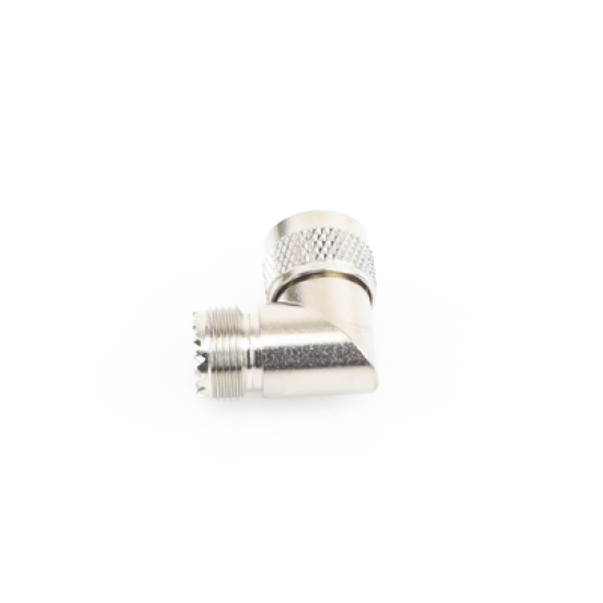 Adaptador en Ángulo Recto, de Conector UHF Macho (PL-259) a UHF Hembra (SO-239), Níquel/ Oro/ Delrin.