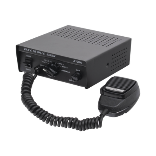 Sirena Vehicular de 100W de Potencia, Con Switch Giratorio de 6 posiciones y Micrófono Integrado de Uso Rudo