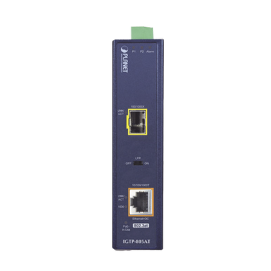Convertidor de medios industrial PoE+ 1000BASE-SX/LX a 10/100/1000BASE-T 802.3at (mini-GBIC, SFP)