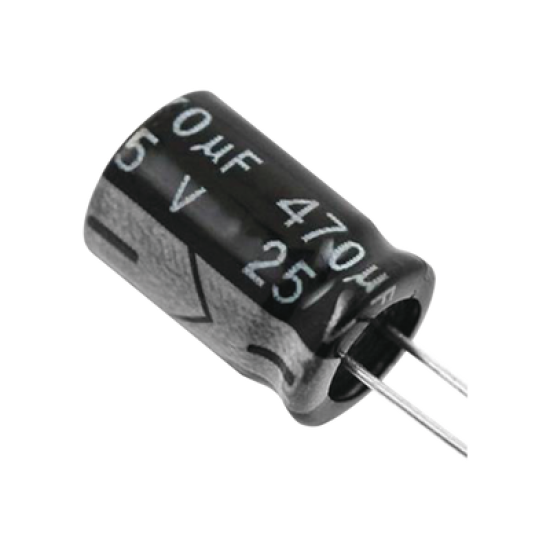 Capacitor Electrolítico de Aluminio, Radial de 470 µFd, 25 Vcc, 105 °C, 8  x 15 mm.