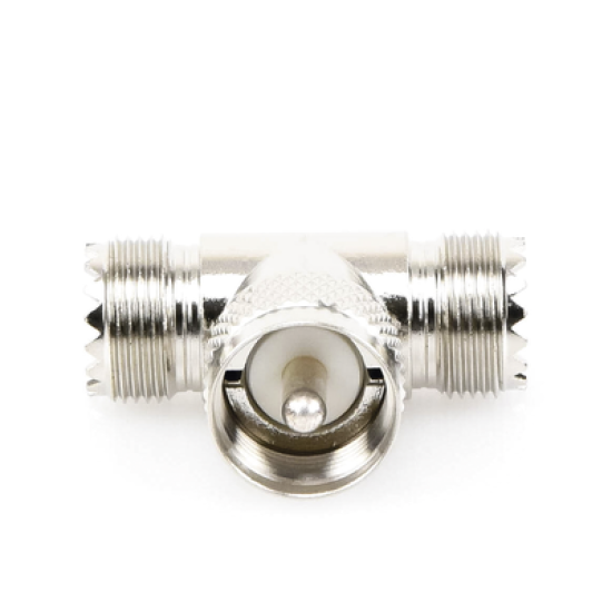 Adaptador en forma T, de Conector UHF Macho (PL-259) a Doble UHF Hembra (SO-239), Níquel/ Plata/ Delrin.