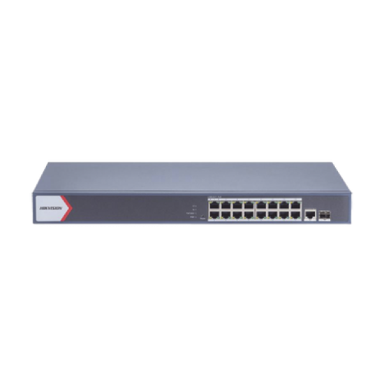 Switch Gigabit PoE+ / Monitoreable / 16 Puertos 1000 Mbps PoE+ / 1 Puerto 1000 Mbps de Uplink / 1 Puerto SFP /  Configuración Remota desde Hik-PartnerPro / Modo Extendido hasta 300 Metros / 130 Watts