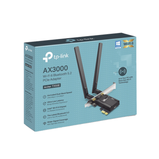 Adaptador PCIe inalámbrico doble banda AX3000 Mbps / Seguridad Inalámbrica WPA3 /Antena de alta ganancia / Tecnología MU-MUMO 2X2 / Soporte de perfil bajo y Altura completa / Bluetooth 5.2