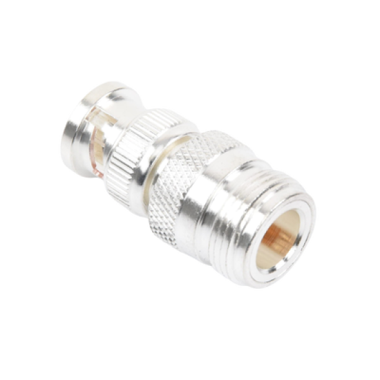 Adaptador en Linea para 50 Ohm, de Conector N Hembra a BNC Macho, Plata /Oro /Teflón.