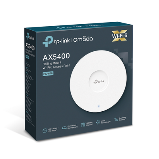 Punto de Acceso Omada / Wi-Fi 6 AX5400 MU-MIMO 4x4 /  Mesh Omada / Alta Densidad de Usuarios / Configuración por Controlador o Stand-Alone / Para Montaje en Techo/pared / Alimentación PoE+ 