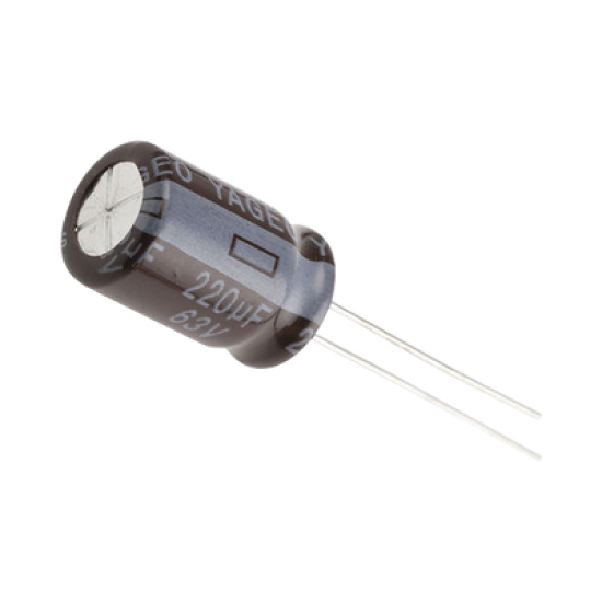 Capacitor Electrolítico de Aluminio, Radial de 220 µFd, 63 Vcc, 105 °C, 10 x 15 mm.