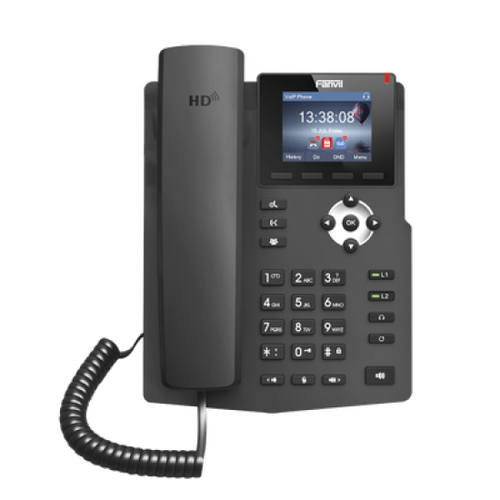 Teléfono IP empresarial para 2 lineas SIP con pantalla LCD de 2.8 pulgadas a color, puertos Gigabit y conferencia de 3 vías, PoE 