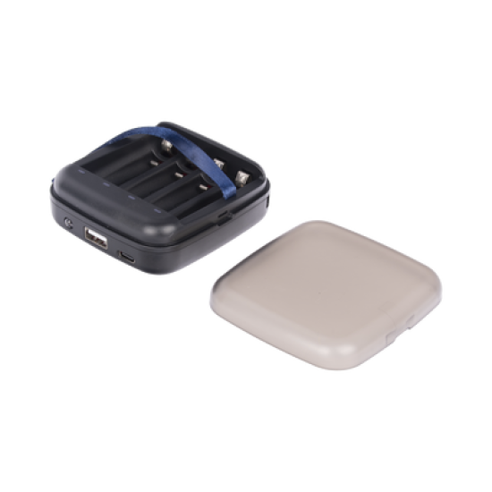 Power bank y Cargador para baterías 2 en 1,  carga individual y/o  simultánea hasta 4 baterías,  (AA y AAA, Ni-MH y Li-Ion)