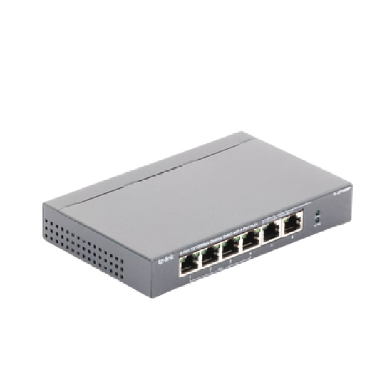 Switch PoE no Administrable de escritorio / 6 puertos 10/100 Mbps / 4 puertos PoE af/at / Presupuesto 67 W / Modo Extensor hasta 250 m / Calidad video prioritaria