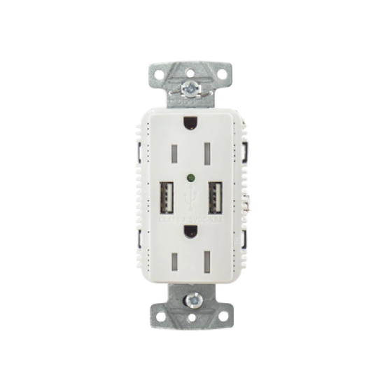 Contacto Dúplex con 2 Puertos USB, 15A 125V, 2 Polos, 3 Hilos, Color Blanco. 