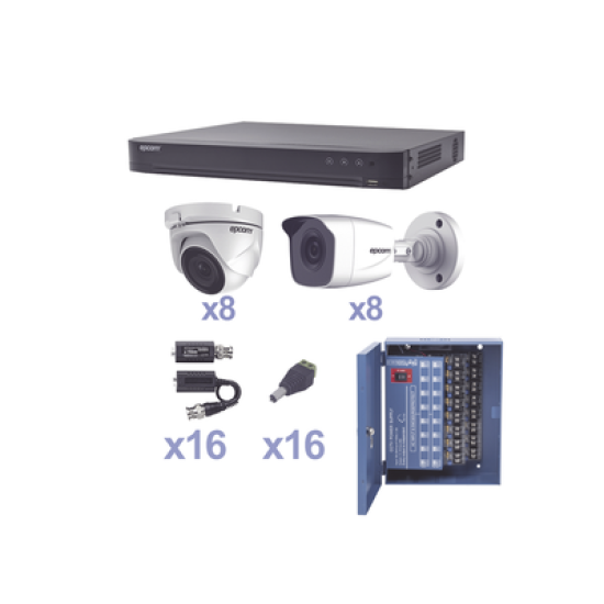 KIT TurboHD 1080p / DVR 16 Canales / 8 Cámaras Bala (exterior 2.8 mm) / 8 Cámaras Eyeball (exterior 2.8 mm) / Transceptores / Conectores / Fuente de Poder Profesional