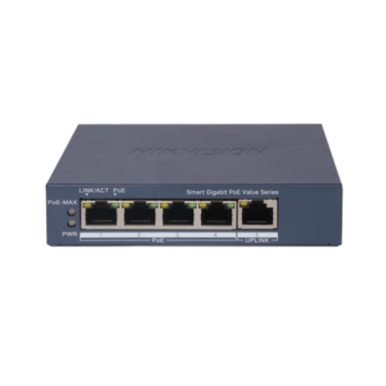 Switch Gigabit PoE+ / Administrable / 4 Puertos 1000 Mbps PoE+ / 1 Puerto 1000 Mbps Uplink / Configuración Nube Hik-PartnerPro / Modo Extendido hasta 300 Metros / 45 Watts