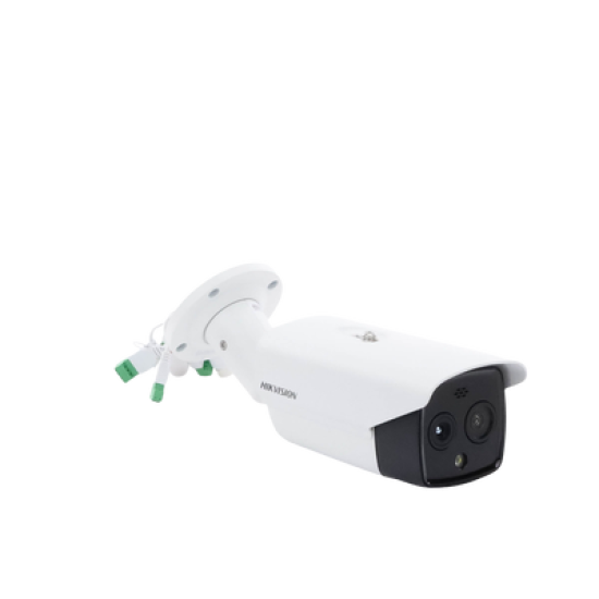 Bala IP Dual / Térmica 6.9 mm (256 x 192) / Óptico 6.4 mm (4 Megapixel) / 30 mts IR / Exterior IP67 / PoE / Termométrica / Detección de Temperatura / Sirena y Luz Intermitente Integrada / Micro SD