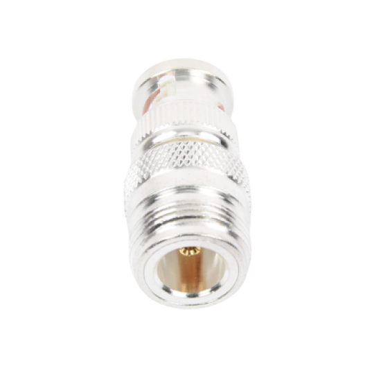 Adaptador en Linea para 50 Ohm, de Conector N Hembra a BNC Macho, Plata /Oro /Teflón.