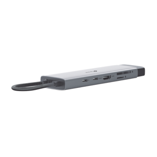Adaptador HUB 9 en 1, 1 puerto USB-C entrada, 1 puerto HDMI 4K, 1 puerto Ethernet Gigabit, 1 puerto SD y MicroSD, 1 puerto USB-C y 3 puertos USB-A