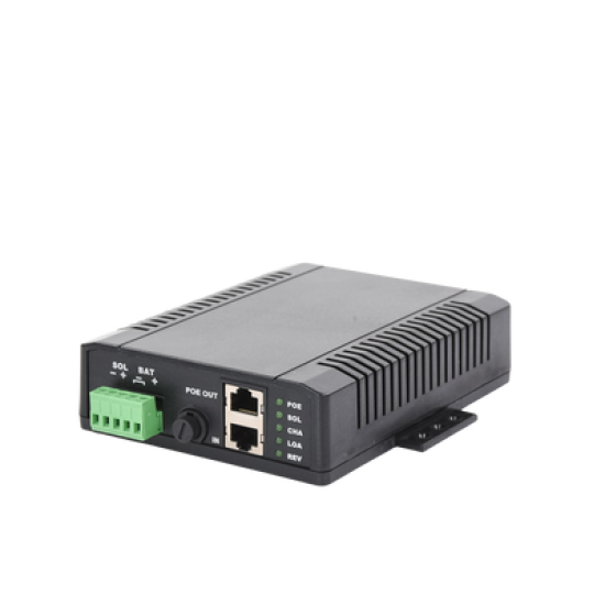 Controlador Solar POE, Entrada 12 Vcc Hasta un Panel Solar de 125 Watts, Salida PoE Pasivo en 24 Vcc Hasta 20 Watts Máximo.