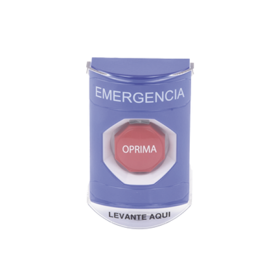 Botón Multipropósito, Color Azul, De Superficie, Con Tapa De Policarbonato, Con Bocina Prealarma, Para Interior, Llave Para Restablecer, Texto De Emergencia, Español