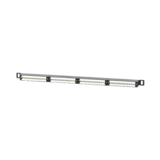 Panel de parcheo de impacto (110) sin blindaje de 24 puertos Cat6A con barra para organizar cable