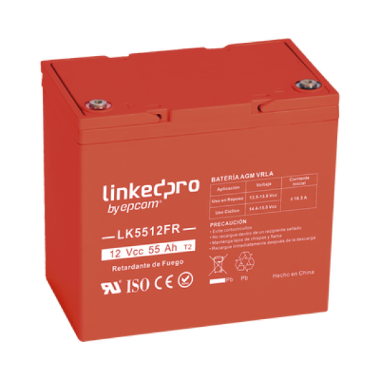 Batería 12 V / 55 Ah / UL / Tecnología AGM-VRLA / Vida útil promedio de 5 años / Retardo a la flama / Para uso en equipo electrónico, Alarmas de Intrusión / Incendio/ Control de acceso / Video Vigilancia / T2