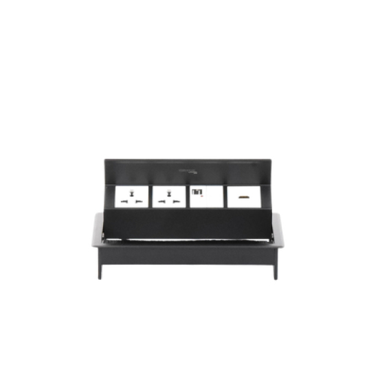 Caja Horizontal tipo Hub para escritorio color negro, con 1 Puerto HDMI Hembra-Hembra, 1 puerto RJ45 Cat6,  2 Puertos USB (Solo carga),  y 2 Contactos eléctricos universales