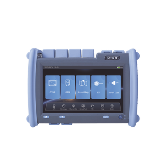 OTDR PRO de Alto Rendimiento para Enlaces de Fibra Óptica Monomodo / Pruebas en Fibra Óptica Viva / Longitudes de onda: 1310nm, 1550nm y 1625nm / Zona Muerta por Evento de 0.8 Metros / VFL 5mW / Distancia de prueba de hasta 420 km