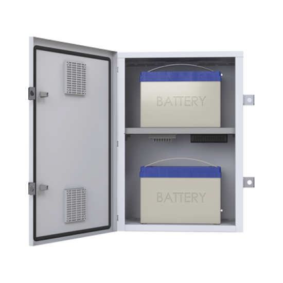 Gabinete para instalación de 2 Baterías PL110D12, Fabricado en Lámina Galvanizada, Accesorios para piso o poste (No incluidos)
