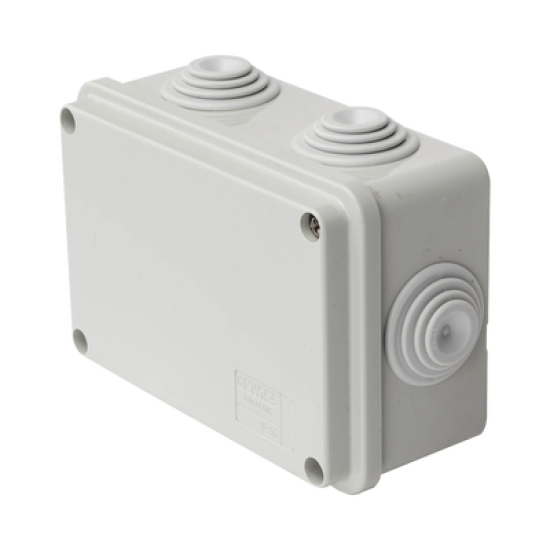 Caja de derivación de PVC Auto-extinguible con 6 entradas, tapa atornillada, 120 x 80 x 50 mm (4.74 x 3.15 x 1.97 in), Para Exterior (IP55)