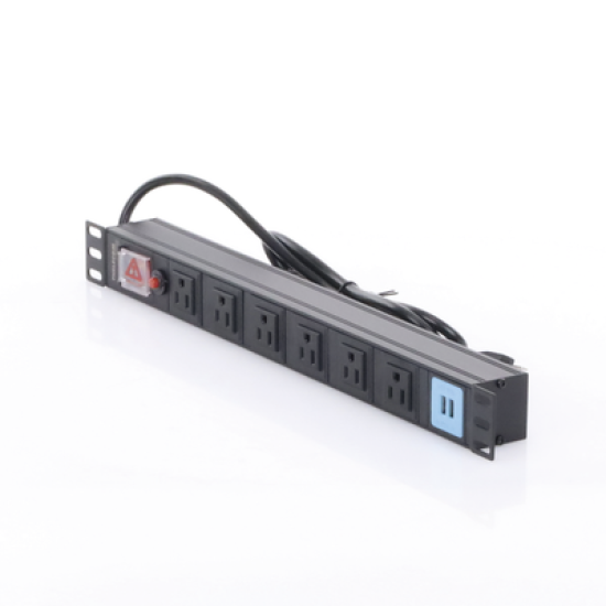 Tomacorriente Horizontal (PDU) de 6 contactos (NEMA 5-15R) + 2 USB para instalación en Rack de 19