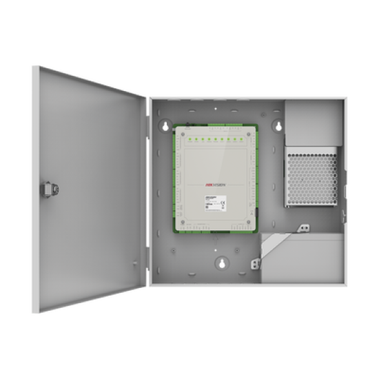 Controlador de Acceso 4 Puertas Administrable en la Nube con Hik-Connect Teams / Interfaz Web / 8 Lectores de Huella o Tarjeta / 100,000 Tarjetas / 10,000 Huellas / Incluye Gabinete y Fuente de Alimentación 12Vcd 8 A / Soporta Batería de Res