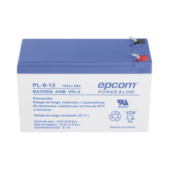 Batería 12 Vcc / 9 Ah / UL / Tecnología AGM-VRLA / Para uso en equipo electrónico Alarmas de intrusión / Incendio/ Control de acceso / Video Vigilancia / Terminales F1 / Cargador recomendado CHR-80.